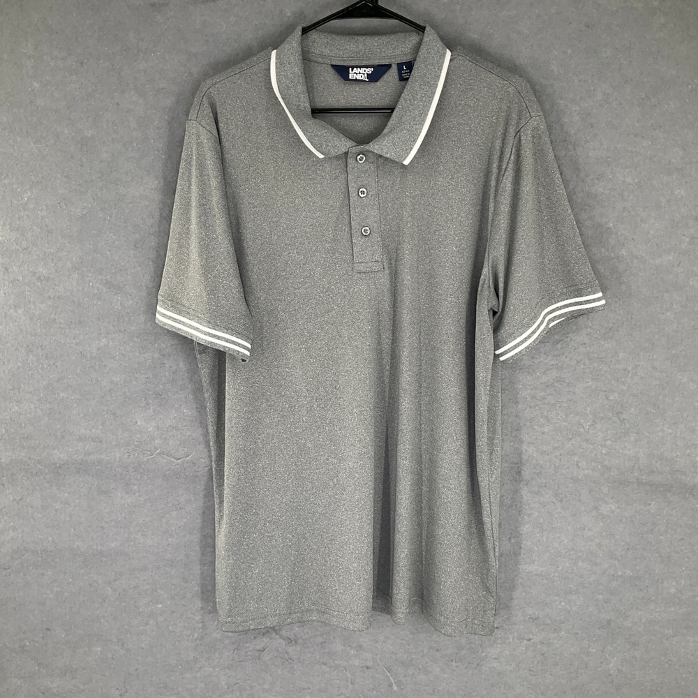 Lands End Mens Gray Performance Polo Shirt Short Sleeve Size L Collar Casual